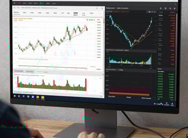 A sleek dashboard showing live forex charts and automated trade signals in blue and green tones.