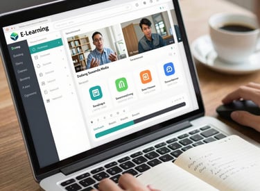 Icon symbolizing online learning with a laptop and headset