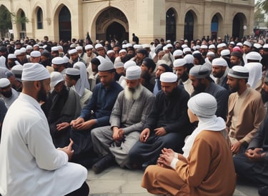 Community members participating in an interfaith dialogue event outdoors.