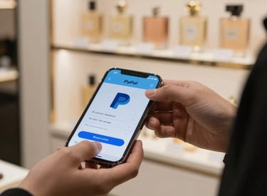 Screenshot of a PayPal payment confirmation on a smartphone screen with a Sicilian perfume bottle in the background.