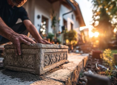 A landscaper installs an ornate carved stone planter box on a garden patio at sunset.