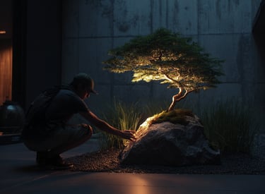 A man admiring a glowing Japanese bonsai tree on a rock in a modern Zen garden at night.