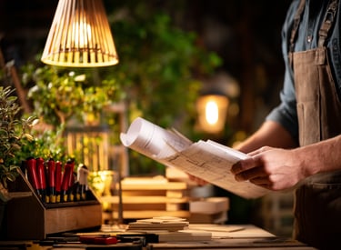 Professional carpenter in apron reviewing architectural blueprints on a wooden workshop table.