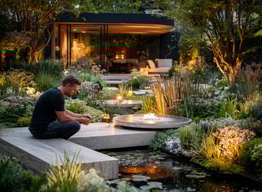 A man sits by a modern fire pit and pond in a luxury landscaped garden with evening lighting.