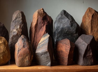 Collection of raw decorative stones and natural iron ore rocks displayed on a wooden shelf.