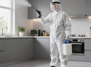 Technician in protective gear inspecting a modern Vashi home for pests.