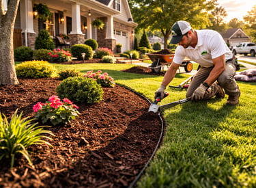 Fresh dark brown mulch installed in residential flower beds to improve curb appeal and reduce weeds 