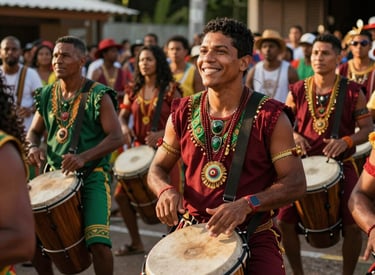 An energetic photograph of a South American / Brazilian Amazonian samba circle in Santa Bárbara do Pará. Musicians with hand drums are smiling, surrounded by a festive crowd. Golden hour lighting, rich carmine red and forest green details in their clothing.