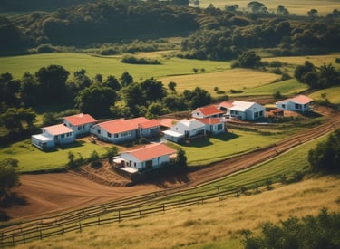 Aerial view of a vast Brazilian farmland with green fields and a clear blue sky.
