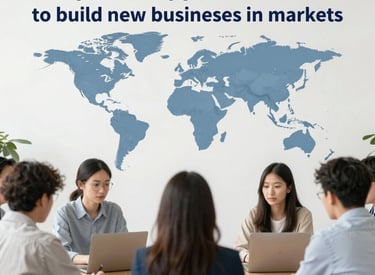 Modern office space with international business meetings in progress.