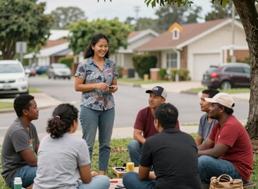 A happy family enjoys a healthy backyard meal in front of a home with solar panels.