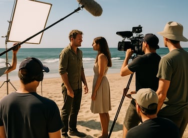 A cozy film set with cameras, lights, and crew deeply engaged in shooting an intimate indie film scene.
