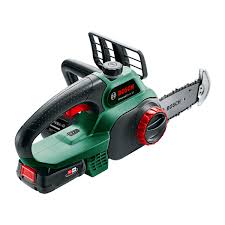 Bosch cordless battery-powered chainsaw for garden pruning and wood cutting.