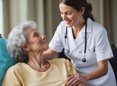 A friendly nurse assisting a patient in a bright, welcoming hospital room.