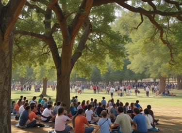 Group of children and adults engaging in an outdoor environmental workshop surrounded by trees.