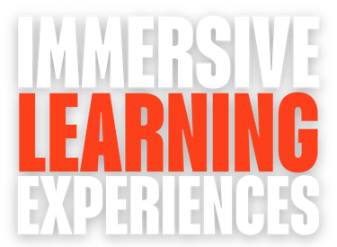 Bold typography graphic reading Immersive Learning Experiences in white and orange text on a black background.
