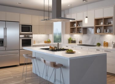 A cozy kitchen renovation with warm lighting and updated cabinets.