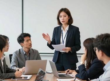 A team working together on public relations strategies in a sleek, blue-themed workspace.