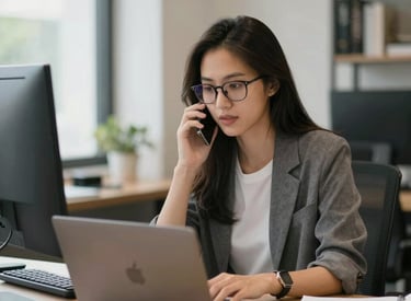 A professional consultant discussing media strategy with a client in a modern office.