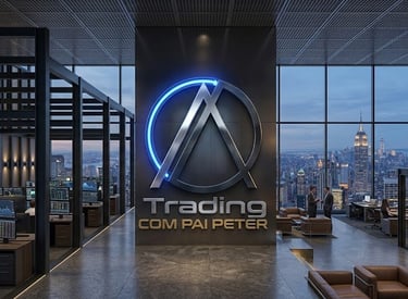 Modern stock trading office with stock market data screens and Trading Com Pai Peter logo.