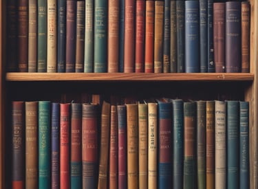 Vintage hardcover books with colorful spines organized on tall wooden library bookshelves.