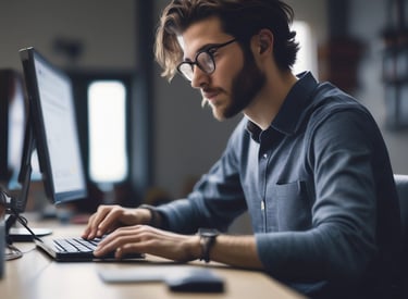 A vibrant office scene with developers collaborating under soft green lighting, reflecting the brand's color theme.