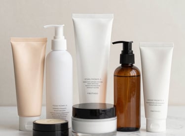 Close-up of elegant skincare bottles arranged on a wooden vanity with soft natural light.