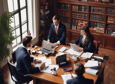 A young lawyer discussing case details with a mentor in a cozy office.