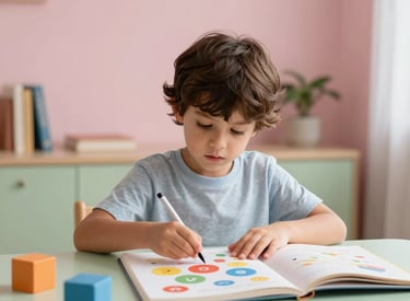 A child focused on colorful educational activities, soft pink and light green surroundings, Southern European / Italian home interior, elegant and calm professional photography.