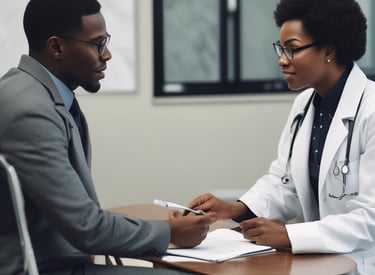 Doctor consulting with a patient in a bright, welcoming clinic room.