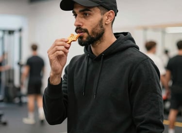 Fitness influencer demonstrating workout with halal snack visible.