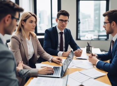 A team collaborating over financial documents in a modern office.