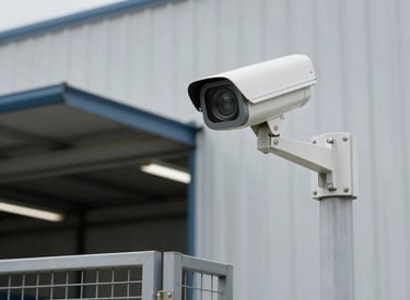 Modern security camera mounted on a building exterior at dusk.