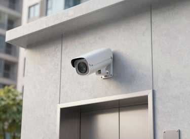 Modern security camera mounted on a building exterior at dusk.