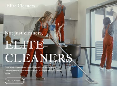 snapshot of a website homepage for a cleaning service with 3 people cleaning in the background