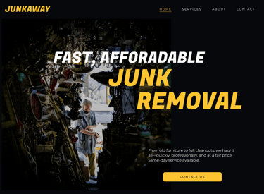 snapshot of a website homepage for a junk removal company with bold yellow and white lettering