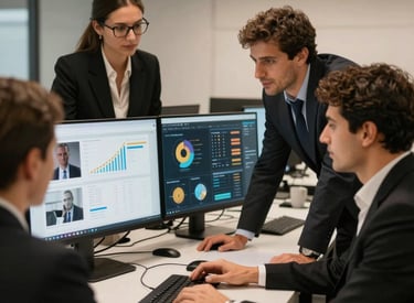 A team collaborating over digital marketing strategies in a modern office with blue accent lighting.