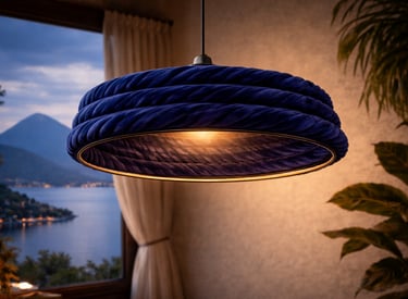 Moderna lámpara colgante de terciopelo azul marino que cuelga en una habitación con una pintoresca