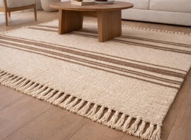 Alfombra de rayas neutras tejida a mano con flecos en un ambiente de sala de estar minimalista