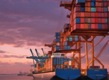 A busy port with containers being loaded onto a cargo ship under a clear sky