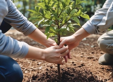Calm office environment with green plants and wooden furniture