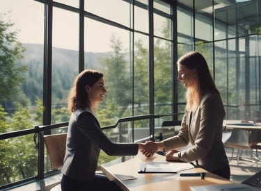 Close-up of hands shaking over a contract with shipping crates in the background