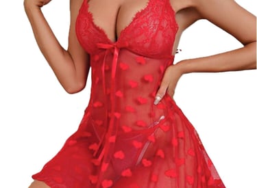 Red lace babydoll lingerie with a heart pattern and bow detail for romantic sleepwear.