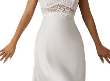 Elegant white satin nightgown with floral lace bodice and thin straps for bridal sleepwear.