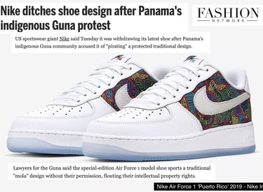 White Nike Air Force 1 sneakers featuring a colorful mola pattern inspired by Panama's indigenous Guna people.