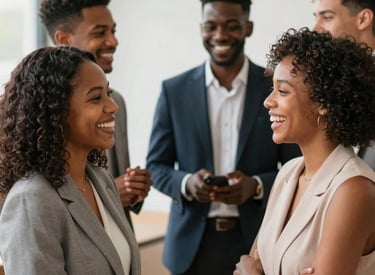 A group of diverse people smiling and chatting in a casual support meeting.