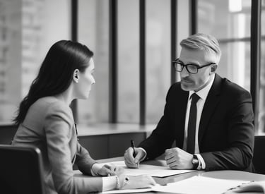 Professional business team collaborating in a modern office setting with strategic charts on a screen.