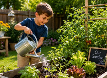 A child using a water can to water the family backyard garden. 