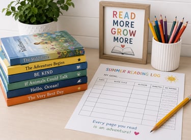 Children’s books, reading log, and pencil for a summer reading challenge.