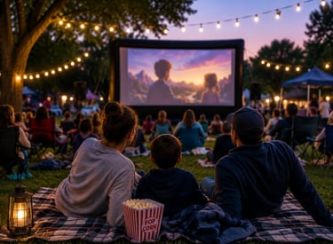 A family watching a free movie at the park.